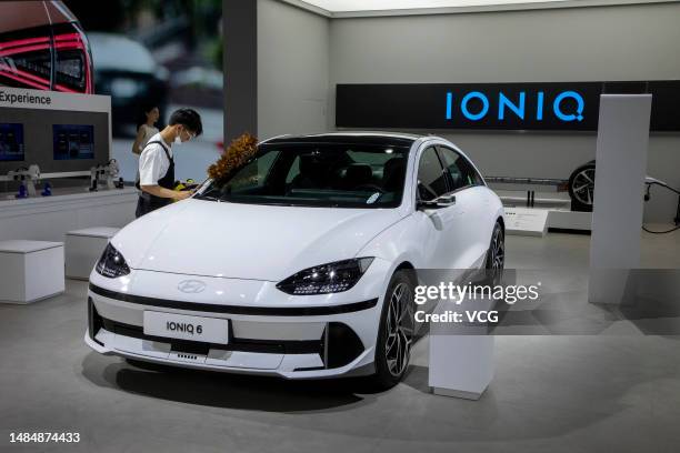 Hyundai IONIQ 6 electric sedan is on display during the 20th Shanghai International Automobile Industry Exhibition at the National Exhibition and...