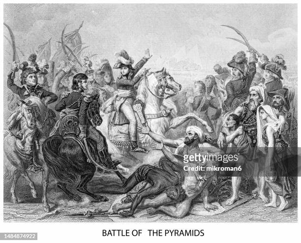 old engraved illustration of napoleon and battle of the pyramids - napoleon joseph charles paul bonaparte stock-fotos und bilder