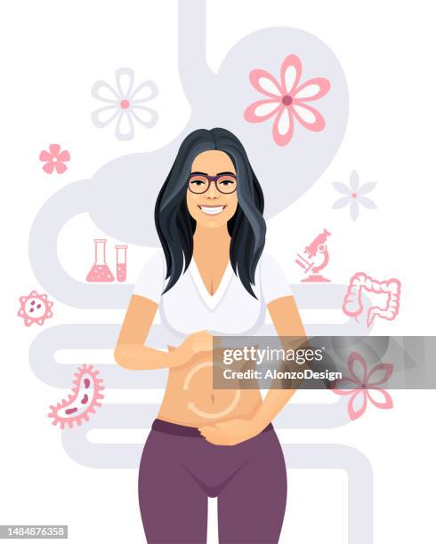 stockillustraties, clipart, cartoons en iconen met happy woman with balanced gut flora. - colon