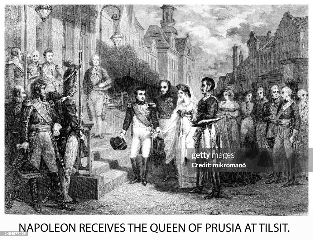 Old engraved illustration of meeting of Napoleon and Queen Louise of Prussia at Tilsit