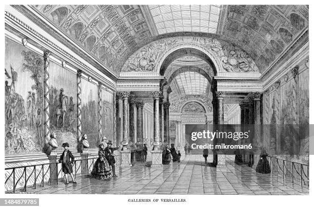old engraved illustration of galleries of versailles palace, paris, france - yvelines stock pictures, royalty-free photos & images