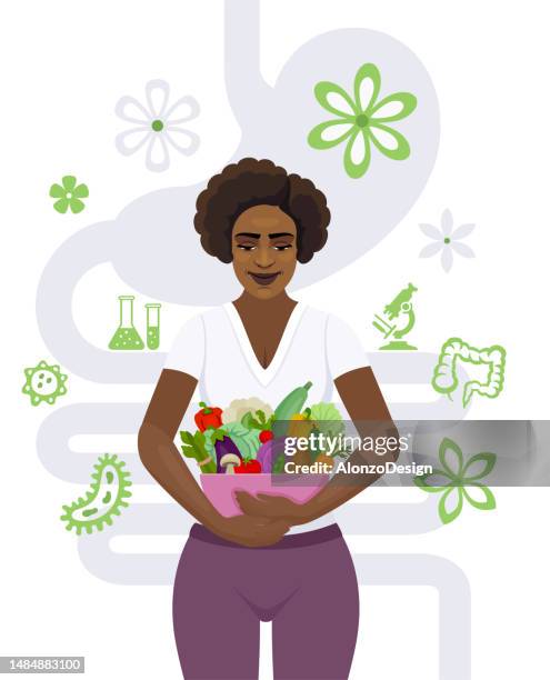 illustrazioni stock, clip art, cartoni animati e icone di tendenza di donna afroamericana felice che tiene una ciotola piena di verdure biologiche fresche. - diarrhoea