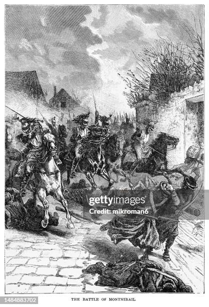 old engraved illustration of the battle of montmirail (11 february 1814) fought between a french force led by emperor napoleon and two allied corps commanded by fabian wilhelm von osten-sacken and ludwig yorck von wartenburg - soldier coming home stock pictures, royalty-free photos & images