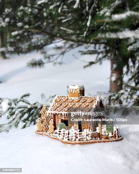 gingerbread house in real snowy forest,romania - gingerbread house stock pictures, royalty-free photos & images