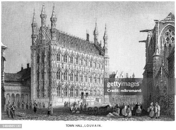 old engraved illustration of late gothic style town hall of leuven, flemish brabant, belgium, is a landmark building on that city's grote market (main square) - grote market stock pictures, royalty-free photos & images