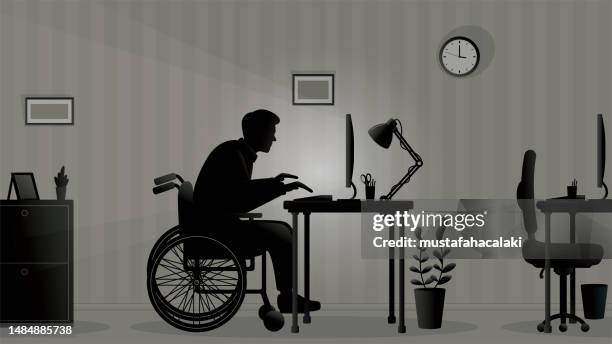 man with disabilities working alone in office - computer screen office setting stock illustrations