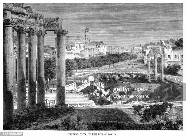 old engraved illustration of roman forum and palatine hill - old rome, italy - palatine hill stock pictures, royalty-free photos & images