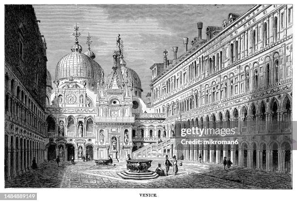 old engraved illustration of the bell tower of st mark's basilica in venice, italy - belfort stock pictures, royalty-free photos & images