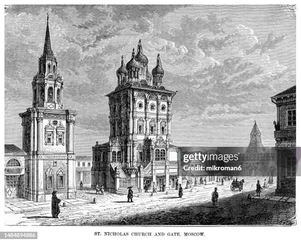 old engraved illustration of the church of saint nicholas the wonderworker at the ilyinka street in moscow - st nicholas cathedral stock-fotos und bilder