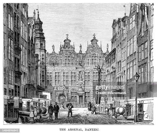 old engraved illustration of the old arsenal or great armoury in gdansk - pomorskie province stock pictures, royalty-free photos & images
