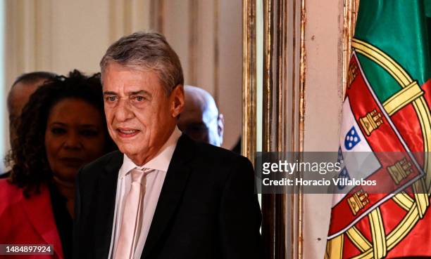 Brazilian singer and composer Chico Buarque arrives to be awarded by the President of Brazil Luiz Inácio Lula da Silva and Portuguese President...
