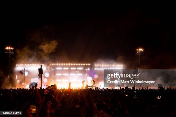 Four Tet, Fred Again, and Skrillex perform on the Coachella Stage during the 2023 Coachella Valley Music and Arts Festival on April 23, 2023 in...
