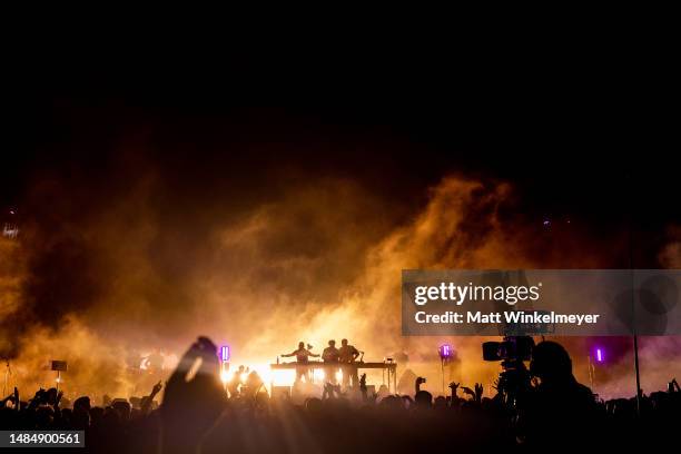 Four Tet, Fred Again, and Skrillex perform on the Coachella Stage during the 2023 Coachella Valley Music and Arts Festival on April 23, 2023 in...