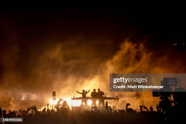 Four Tet, Fred Again, and Skrillex perform on the Coachella Stage during the 2023 Coachella Valley Music and Arts Festival on April 23, 2023 in...