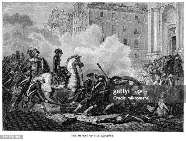 old engraved illustration of general bonaparte had the royalist insurgents fired on the steps of the saint-roch church in paris - prison uniform stock pictures, royalty-free photos & images