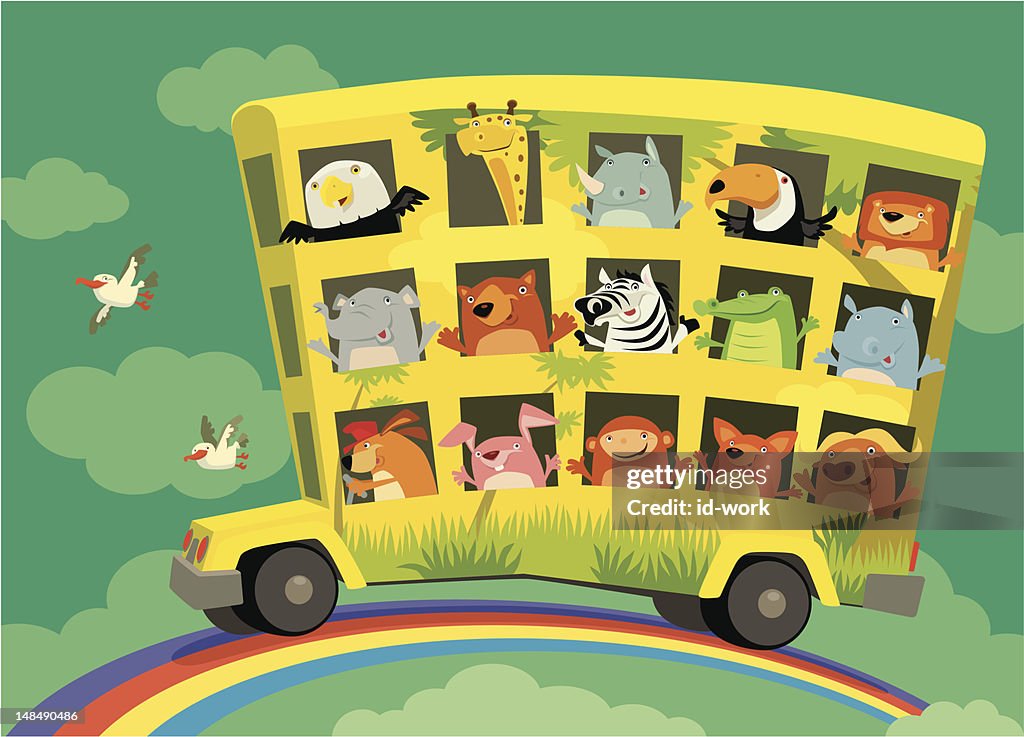 Cartoon Bus With Many Animals Driving On A Rainbow High-Res Vector Graphic  - Getty Images