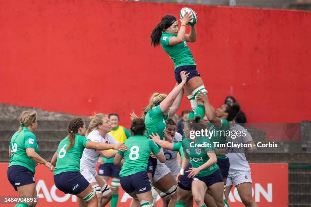 Nichola Fryday of Ireland wins a line out during the Ireland V England, Women's Six Nations Rugby match at Musgrave Park on April 22nd in Cork,...