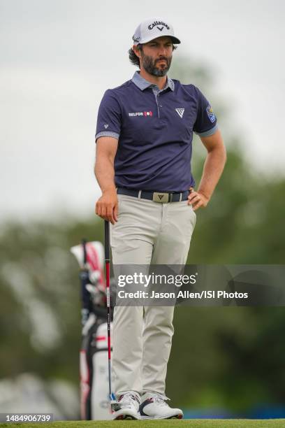 Adam Hadwin of Canada waiting on his chance to putt on the 18th green during the Final Round of the Zurich Classic of New Orleans at TPC Louisiana on...