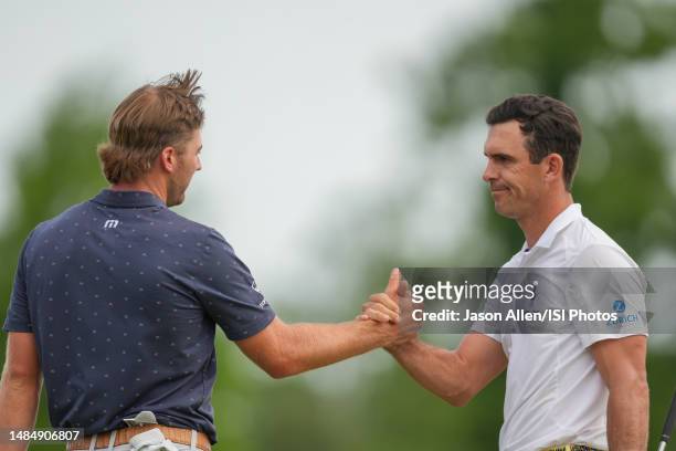 Billy Horschel and Sam Burns of the United States congratulate each other after putting on the 18th green during the Final Round of the Zurich...