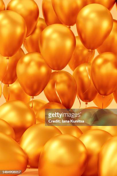 glossy gold, yellow balloons. beautiful 3d greeting background, vertical banner. - helium luftballons stock-fotos und bilder