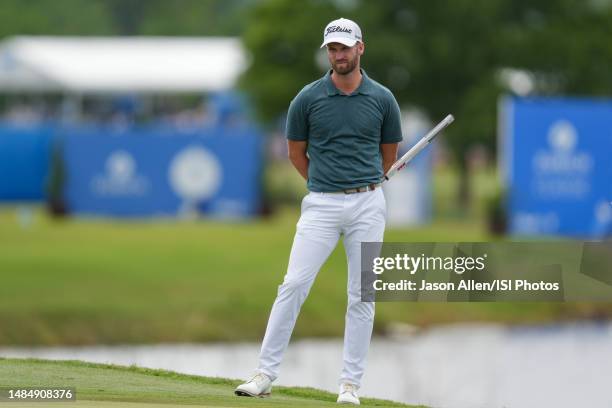 Wyndham Clark of the United States waits his turn on the 9th green during the Final Round of the Zurich Classic of New Orleans at TPC Louisiana on...