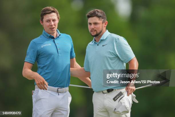 Matt Fitzpatrick and Alex Fitzpatrick of England congratulate one another after their round on the 18th green during the Final Round of the Zurich...