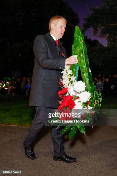 Prime Minister Chris Hipkins lays a wreath during dawn service at Civic Centre on April 25, 2023 in Upper Hutt, New Zealand. Anzac Day is a national...