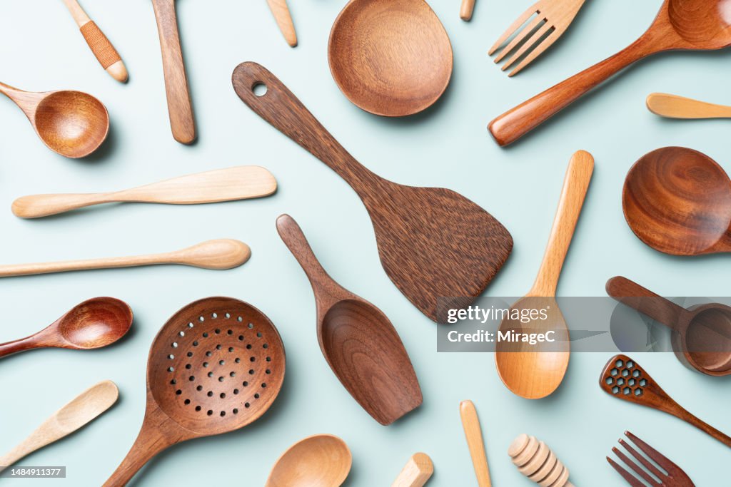 Eco-friendly Wooden Kitchen Utensils Flat Lay