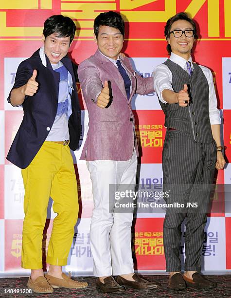 Cho Hee-Bong, Cho Seong-Ha, and Oh Jung-Se attend the 'A Millionaire On The Run' VIP screening at Wangsimni CGV on July 11, 2012 in Seoul, South...