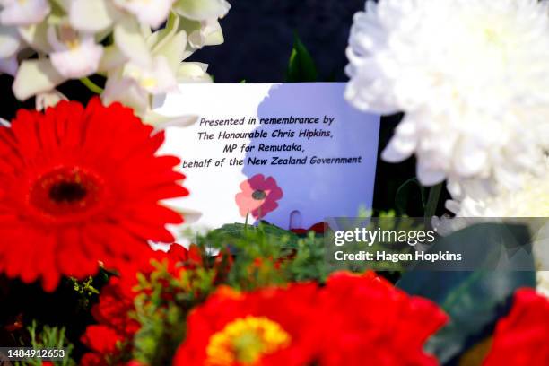 General view of a wreath layed by Prime Minister Chris Hipkins during dawn service at Civic Centre on April 25, 2023 in Upper Hutt, New Zealand....