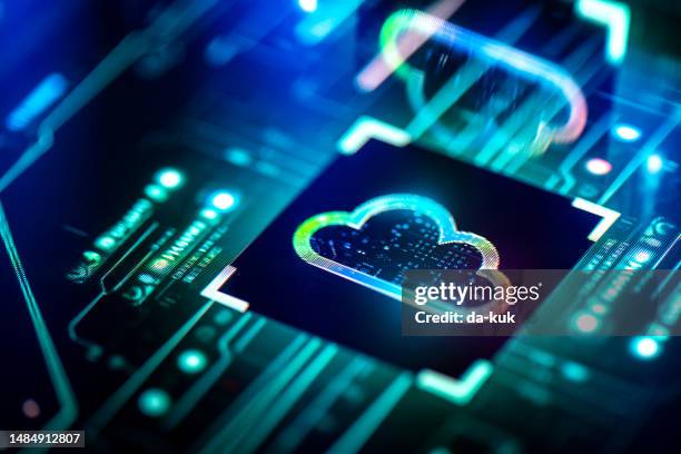 cloud computing concept. digital cloud solutions on pcb futuristic background - technology or innovation stock pictures, royalty-free photos & images