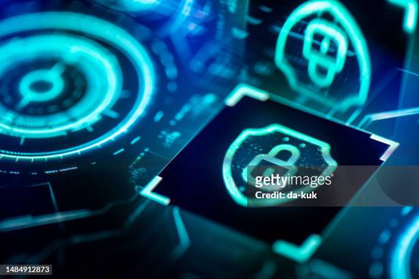internet security concept. digital shield cyber security solutions on pcb futuristic background - encryption stock pictures, royalty-free photos & images