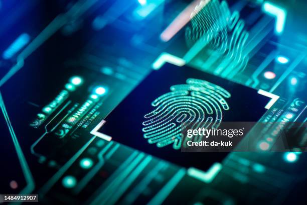 fingerprint authentication concept. digital fingerprint biometrics solutions on pcb futuristic background - verify identity stock pictures, royalty-free photos & images