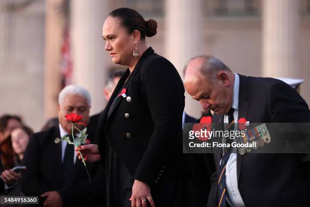 Deputy Prime Minister Carmel Sepuloni lays a poppy as Aucklanders attend the Anzac Day Dawn Service at Auckland Museum on April 25, 2023 in Auckland,...