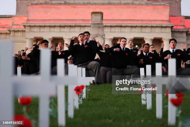 Haka is performed as Aucklanders attend the Anzac Day Dawn Service at Auckland Museum on April 25, 2023 in Auckland, New Zealand. Anzac day is a...