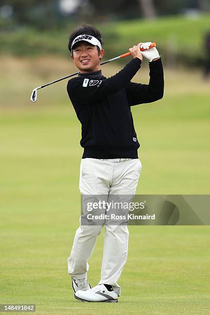 Kodai Ichihara of Japan plays a shot during the third practice round prior to the start of the 141st Open Championship at Royal Lytham & St Annes on...