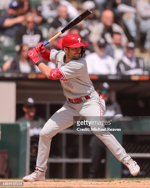 Trea Turner of the Philadelphia Phillies at bat against the Chicago White Sox at Guaranteed Rate Field on April 19, 2023 in Chicago, Illinois.
