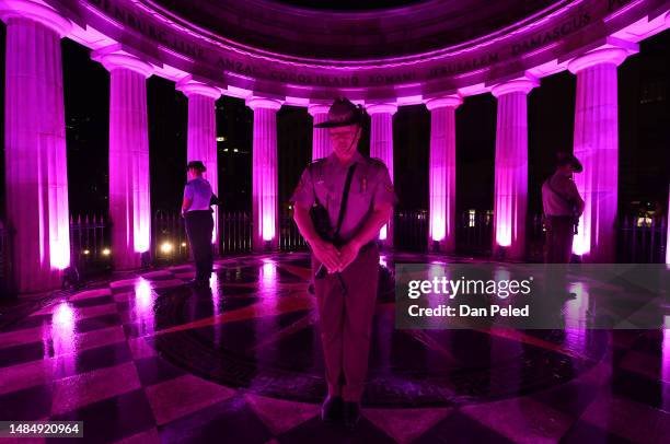 Members of the The catafalque party stand guard at the cenotaph during an Anzac Day dawn ceremony on April 25, 2023 in Brisbane, Australia. Anzac Day...