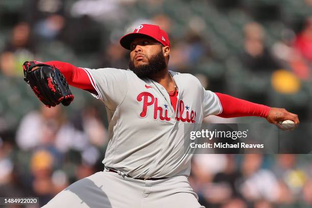 Jose Alvarado of the Philadelphia Phillies delivers a pitch during the ninth inning against the Chicago White Sox at Guaranteed Rate Field on April...