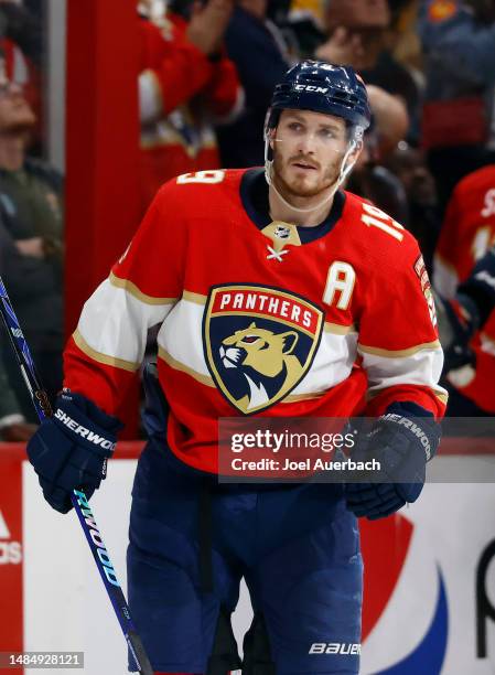 Matthew Tkachuk of the Florida Panthers smiles after scoring a second period goal against the Boston Bruins in Game Four of the First Round of the...