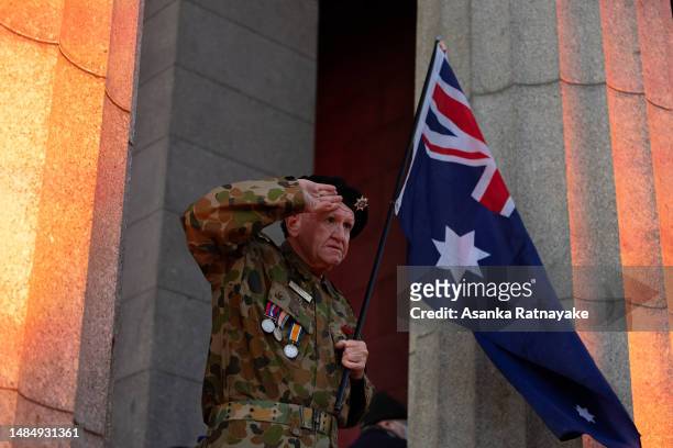 Lance Coporal A.Davis on the steps of the Shrine of Remembrance on April 25, 2023 in Melbourne, Australia. Anzac Day is a national holiday in...