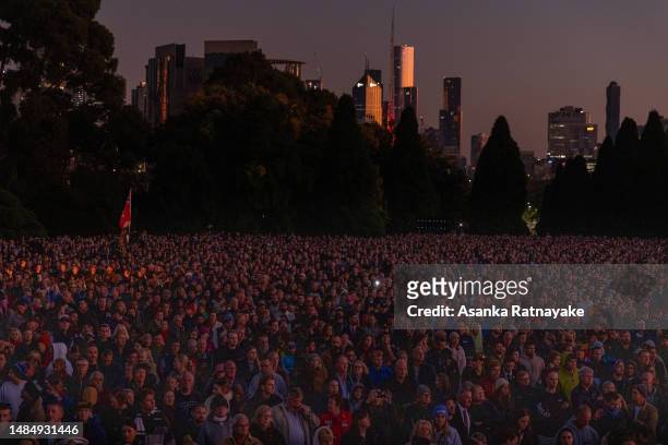 General view of the crowd attending dawn service at the Shrine of Remembrance during the dawn service on April 25, 2023 in Melbourne, Australia....