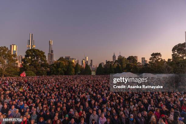 General view of the crowd attending dawn service at the Shrine of Remembrance during the dawn service on April 25, 2023 in Melbourne, Australia....