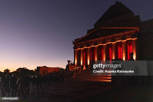 Dignitaries walk up the steps of the Shrine of Remembrance on April 25, 2023 in Melbourne, Australia. Anzac Day is a national holiday in Australia,...