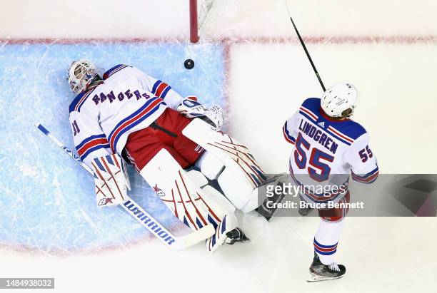 Erik Haula of the New Jersey Devils scores a first period goal against Igor Shesterkin of the New York Rangers in the first period during Game Two in...