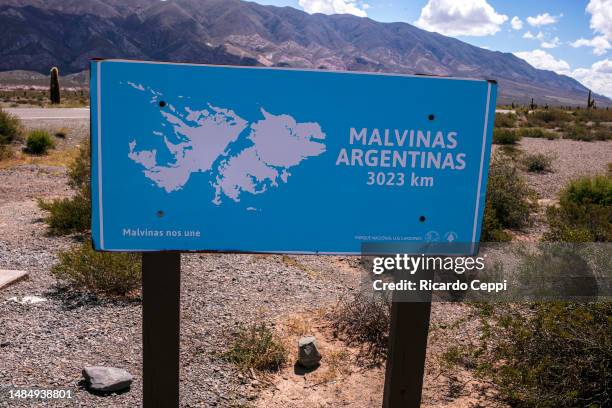 Sign of the Malvinas Argentinas is seen in the area of cactus forest at the Los Cardales National Park on March 22 in Valles Calchaquies, Salta,...