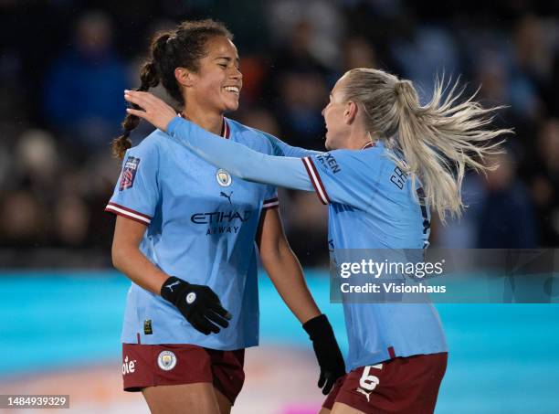 Mary Fowler of Manchester City celebrates scoring with Alex Greenwood during the FA Women's Super League match between Manchester City and West Ham...