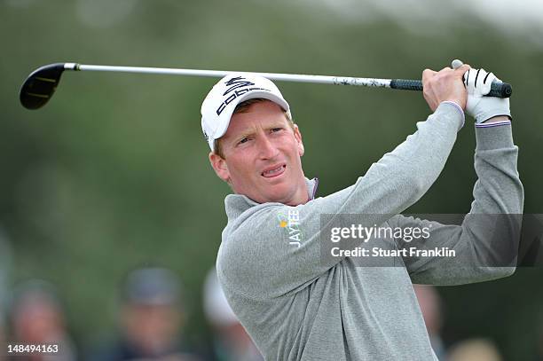 Steven Tiley of England watches a shot during the third practice round prior to the start of the 141st Open Championship at Royal Lytham & St Annes...