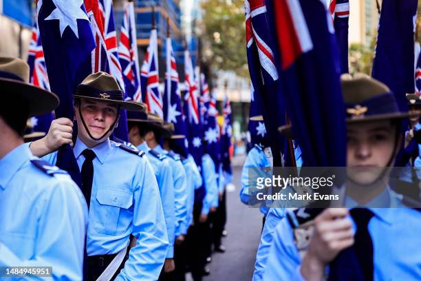 Australian Airforce cadets stand in formation ahead of the ANZAC Day parade on April 25, 2023 in Sydney, Australia. Anzac Day is a national holiday...