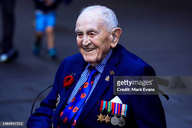 Veteran smiles ahead of the ANZAC Day parade on April 25, 2023 in Sydney, Australia. Anzac Day is a national holiday in Australia, traditionally...